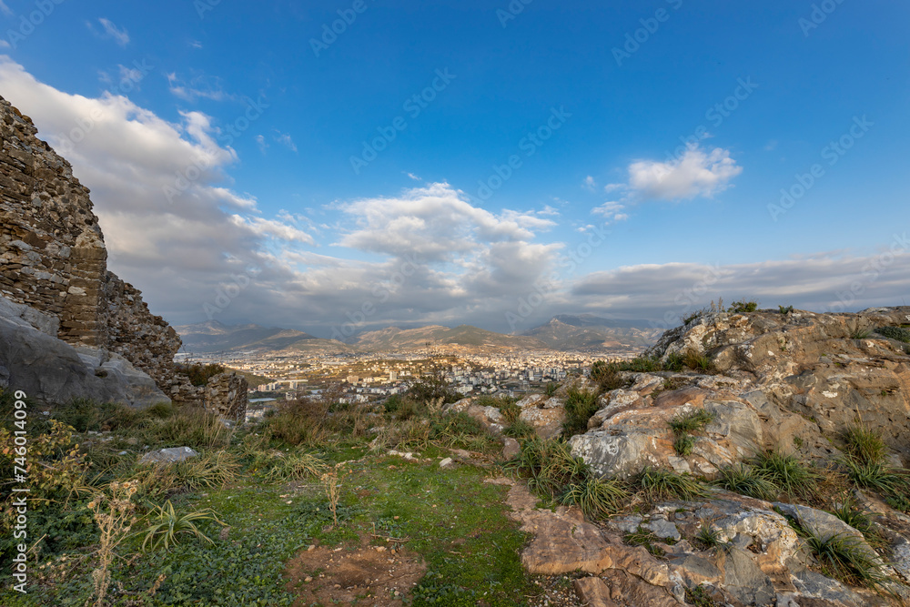 Panoramic shot of the city from the mountain, green landscape of the Turkish area.