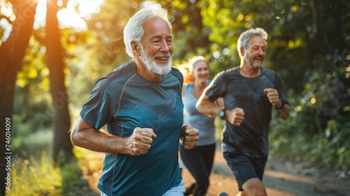 A group of smiling elderly friends stay active and healthy by running together on a sunlit path through the forest. 