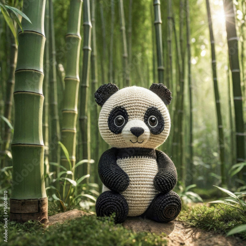 Little cute panda handmade toy on beautiful bamboo forest background. Amigurumi toy making, knitting, hobby © Павел Абрамов