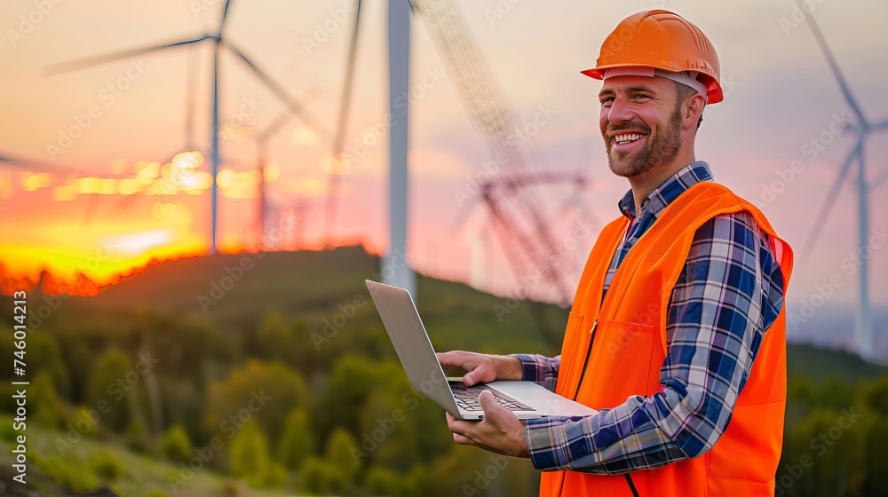 Near wind turbines at dusk, an engineer with a smile and a laptop Near wind turbines at dusk, an engineer with a smile and a laptop