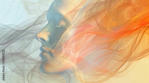 Artistic rendering of a woman's profile enveloped in swirls of vibrant, colored smoke, creating a dreamlike effect. 