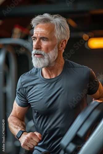 Portrait of a senior man exercising in a gym at treadmill. Inspiring image of a senior man pushing his limits at the gym.
