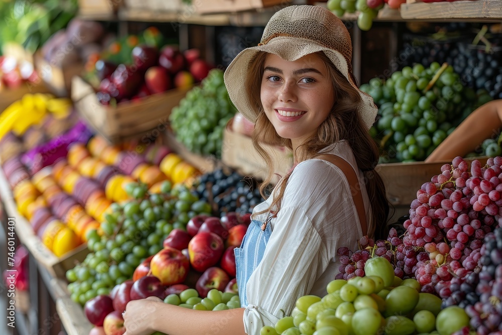 A young woman in a hat smiles at the camera surrounded by an assortment of fresh fruits at a market stall A young woman in a hat smiles at the camera surrounded by an assortment of fresh fruits at a market stall