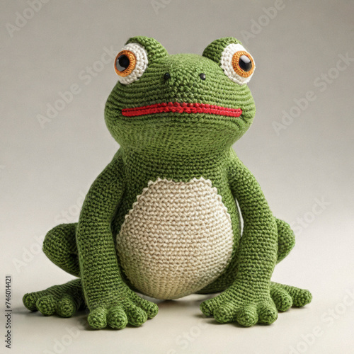 Little cute frog handmade toy on simple background. Amigurumi toy making, knitting, hobby