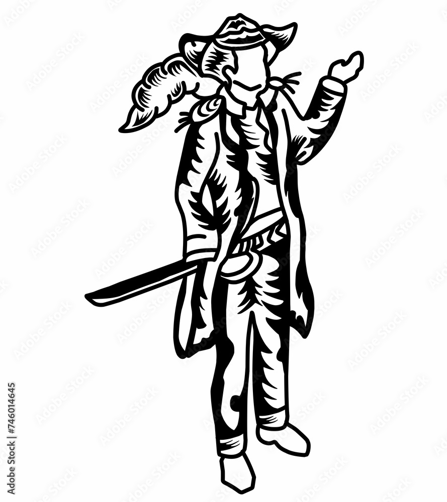 Fototapeta premium Outline sketch illustration depicting a pirate character complete with stylish clothing
