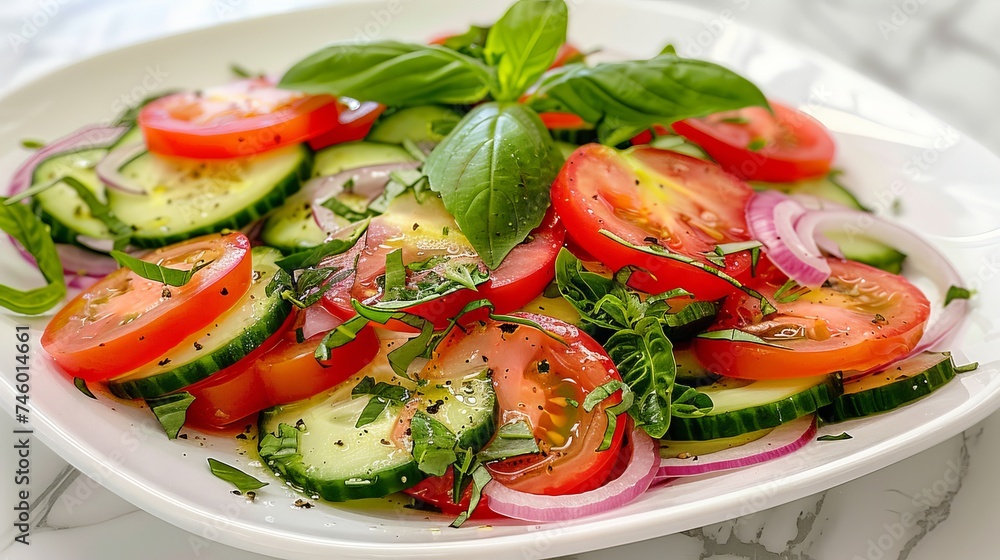 Vegetable salad in season featuring organic cucumber, tomato, onion, and red basil leaves Vegetable salad in season featuring organic cucumber, tomato, onion, and red basil leaves