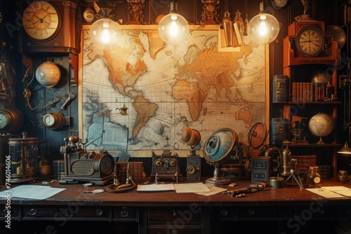 Desk Covered in Clocks and Map
