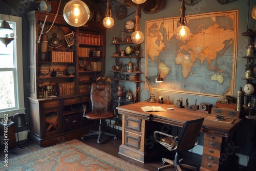 Victorian Steampunk Office With Desk, Chair, and Map