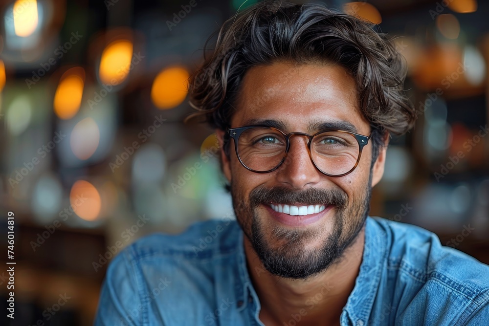 Charismatic man with glasses and a disarming smile posing in a cozy cafe setting Charismatic man with glasses and a disarming smile posing in a cozy cafe setting