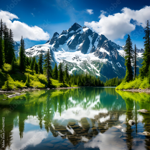 Enthralling Beauty of Pristine Snow-Capped Peaks and Dense Forests Reflected in the Serenity of a Lake © Bobby
