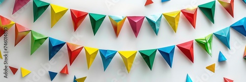 Vibrant Celebration, Colorful Party Garland with Festive Flags in Bright Red, Green, Yellow, and Blue. Triangular-Shaped and Isolated on White, Perfect for Wall Decoration at Party Events