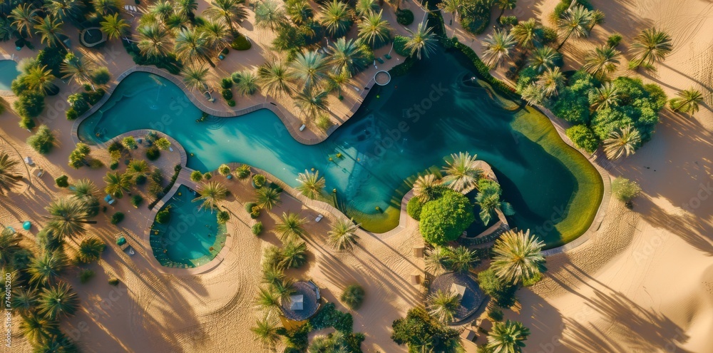 Aerial View of Pool Surrounded by Palm Trees