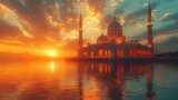 mosque with calm pool and crescent moon with blinking stars animation ramadan greeting concept