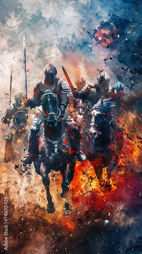 Medieval knights in a fierce battle watercolor dynamic motion and vivid colors