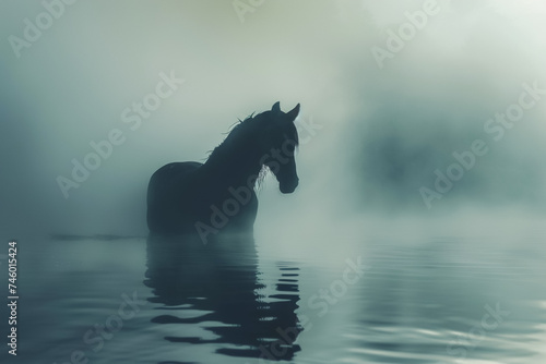 Mythical horse emerging from misty lake ethereal beauty folklore come to life haunting presence