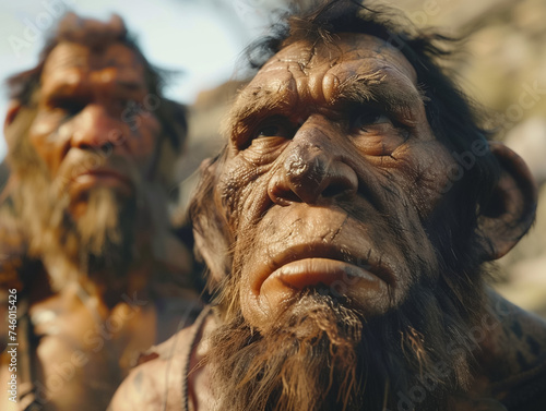 Neanderthals in a reimagined civilized society blending past and future in a thought provoking scene