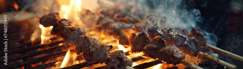 Sizzling yakitori over charcoal street food night scene authentic Japanese cuisine tantalizing close up photo
