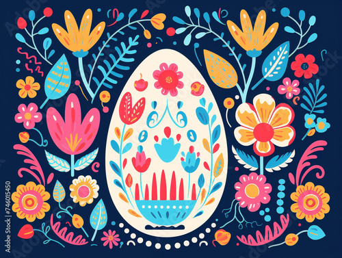Brightly colored Easter card featuring playful illustrations of bunnies, flowers, and Easter eggs. Joyful spring celebration.