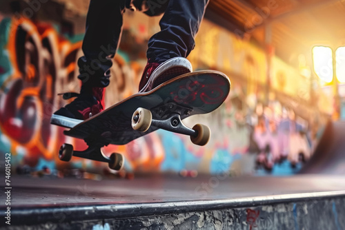 Skateboarder executing a dynamic trick in an urban skatepark graffiti art in the background
