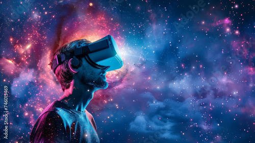 Virtual reality headset illuminating a dark room with cosmic visuals user in awe Capturing the future of entertainment photo