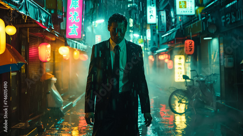 Yakuza in Tokyos neon lit streets watercolor shadows casting an underworld saga vibrant yet dark photo