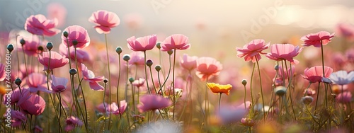 Meadow with vibrant flowers and a blurred background, creating a picturesque floral Banner photo