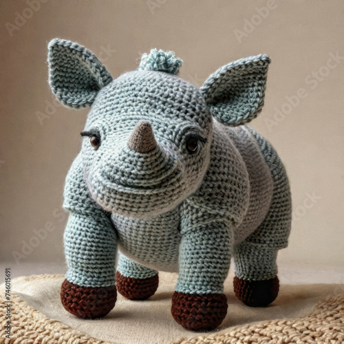 Little cute rhinoceros handmade toy on simple background. Amigurumi toy making  knitting  hobby