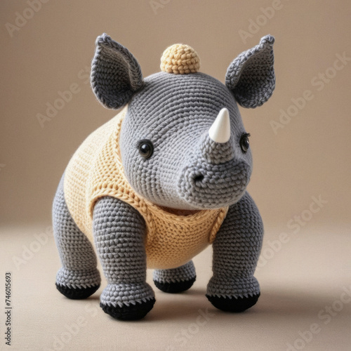Little cute rhinoceros handmade toy on simple background. Amigurumi toy making, knitting, hobby © Павел Абрамов