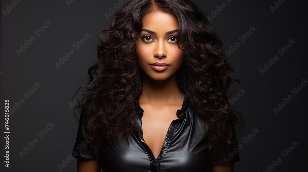Portrait of a stylish young African American woman with long hair, confidently gazing into the camera against black studio background Portrait of a stylish young African American woman with long hair, confidently gazing into the camera against black studio background