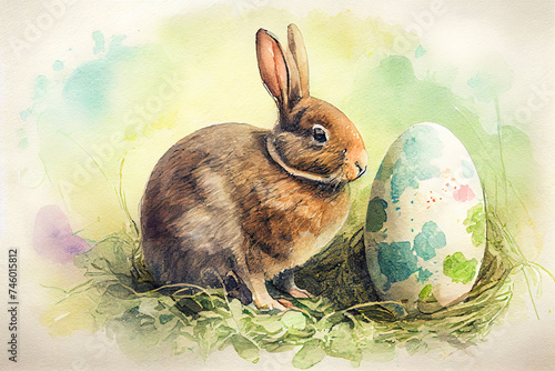 Easter bunny watercolor background. AI generated photo