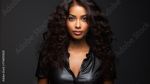 Portrait of a stylish young African American woman with long hair, confidently gazing into the camera against black studio background