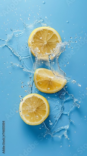 Sliced lemon splash with water droplets on a blue background
