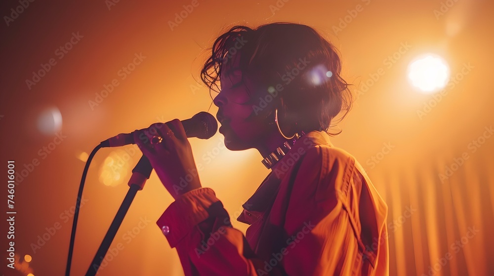 Passionate female singer performing at a live concert. intense stage lighting enhances moody atmosphere. capturing the essence of live music events. AI