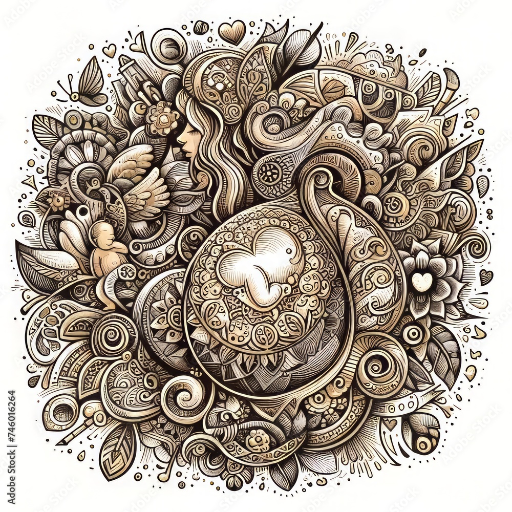 Doodle illustration of baby in mother's womb as graphic collage Doodle illustration of baby in mother's womb as graphic collage