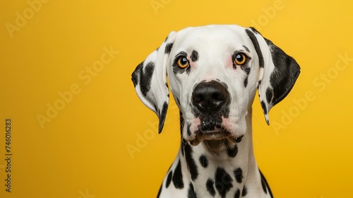 Dalmatian dog in a studio headshot, facing forward against a yellow backdrop © Suleyman