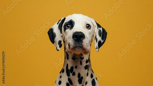 Dalmatian dog in a studio headshot, facing forward against a yellow backdrop © Suleyman