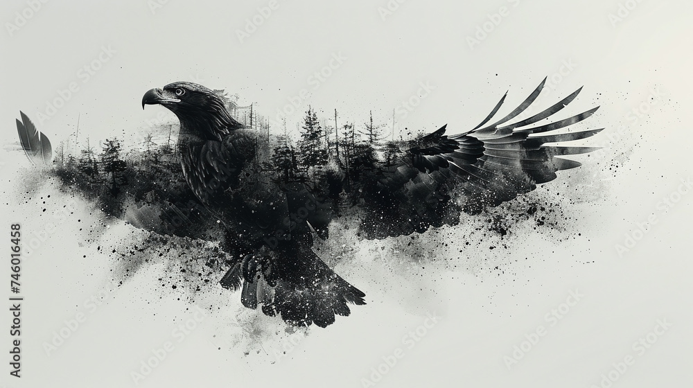 shape of a eagle with usa flag dopple exposure - obrazy, fototapety, plakaty 