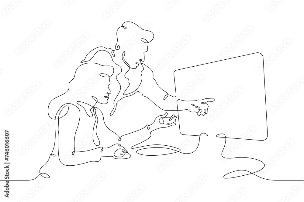 Teamwork in the office. A woman and a man are working at a monitor. Discussing a project at the workplace.One continuous line . Line art. Minimal single line.White background. One line drawing.