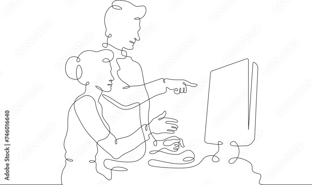 Teamwork in the office. A woman and a man are working at a monitor. Discussing a project at the workplace.One continuous line . Line art. Minimal single line.White background. One line drawing.