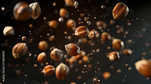 Floating hazelnuts captured mid-air against a dark backdrop. ideal for culinary, nature, and design themes. high-resolution image showcasing natural beauty. AI