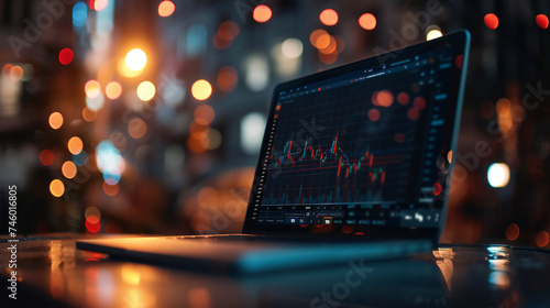 Mysterious Quarterly Results: Creative Laptop Screen Bokeh Shot with Data Analysis and Financial Trends for Corporate Success