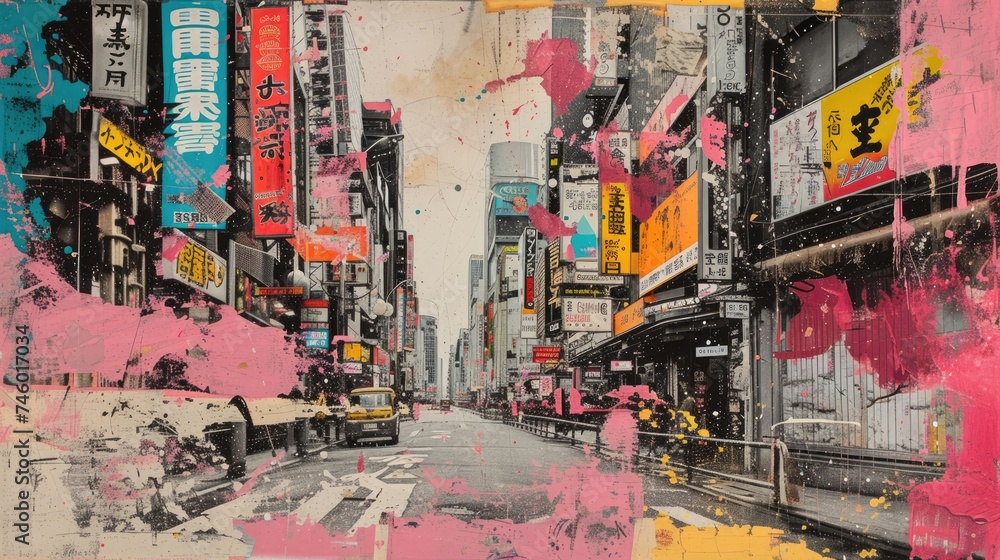 Fototapeta premium Generative AI, grunge pink and yellow collage poster with asian cityscape, anime style, different mixed textures