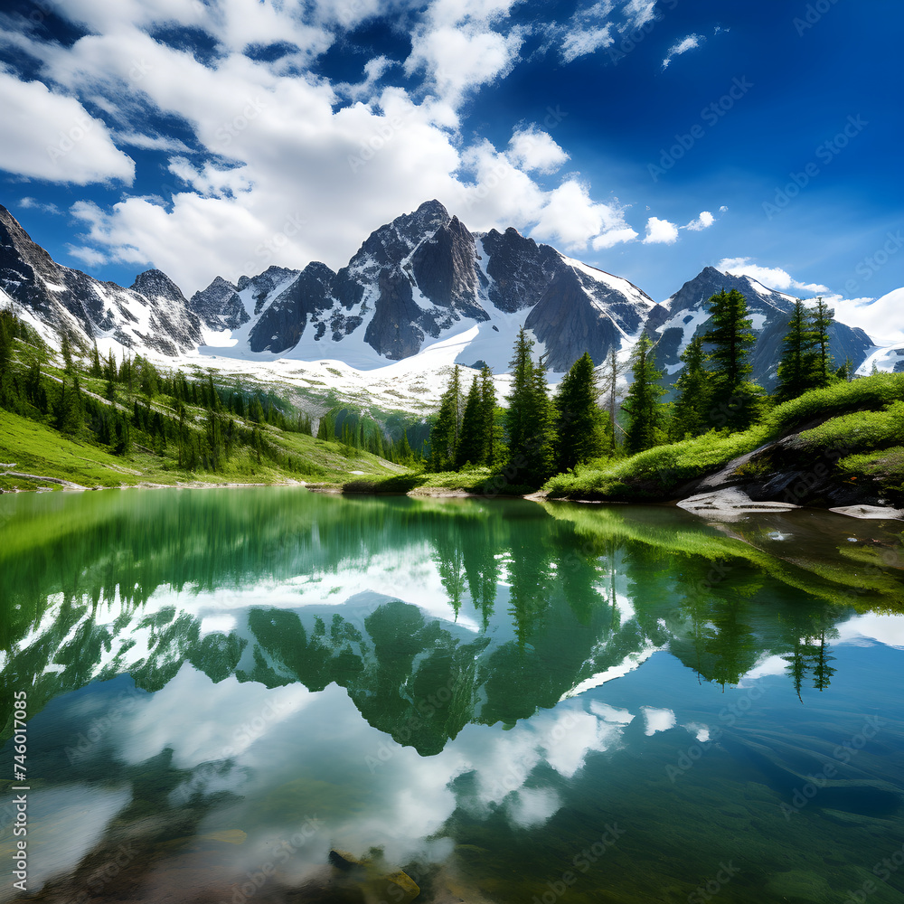 Enthralling Beauty of Pristine Snow-Capped Peaks and Dense Forests Reflected in the Serenity of a Lake