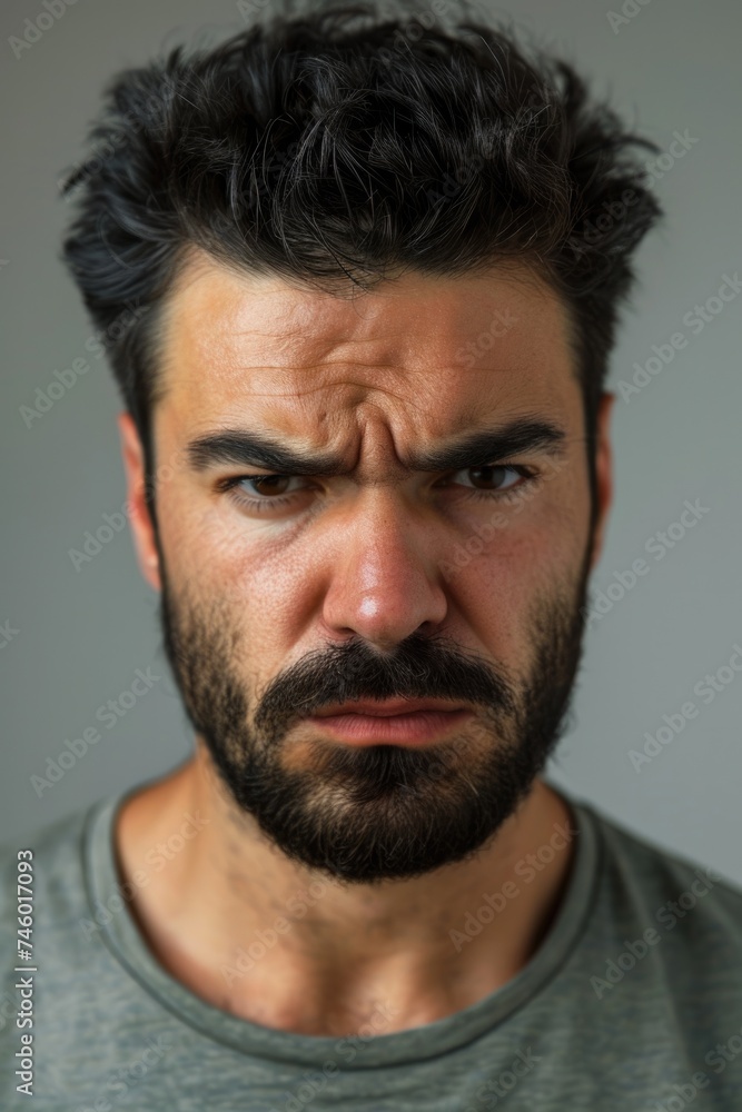 Obraz premium Angry serious hispanic man looking at the camera on gray background headshot mugshot