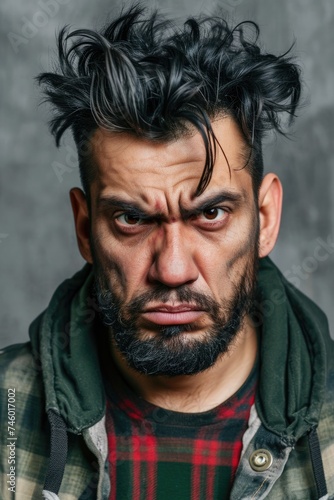 Angry serious hispanic man looking at the camera on gray background headshot mugshot photo