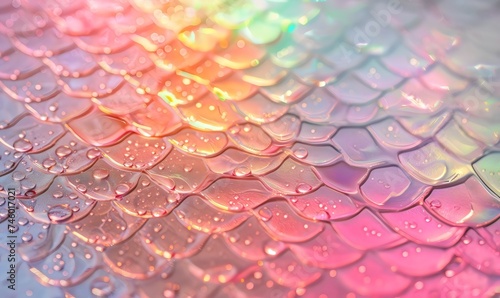 Fondo textura de tela metalica iridescente con forma de escamas de pez color rosa pastel, mojada con gotas de agua