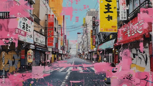 Generative AI, grunge pink and yellow collage poster with asian cityscape, anime style, different mixed textures © DELstudio