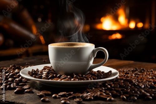 Aromatic coffee in mug with beans on rustic wooden table.