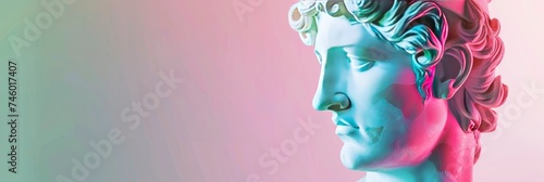 Pastel Reverence, Close-Up of Abstract Greek Deity Sculpture Against Gradient Pink and Green Background, Offering Copy Space