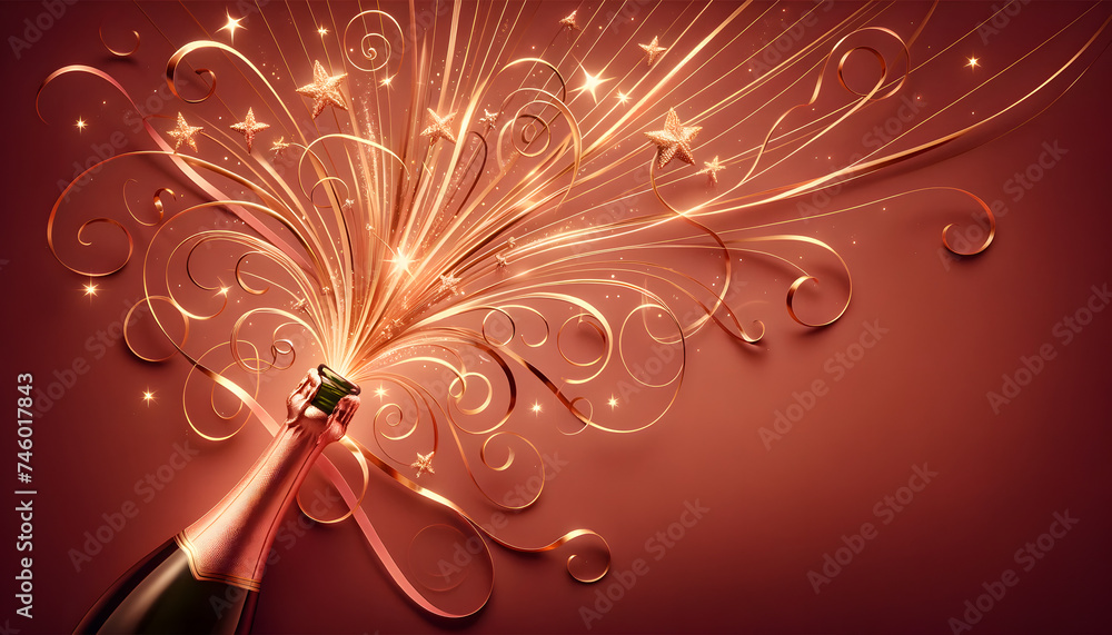 Bouteille de champagne avec explosion de confettis, étoiles, serpentin, idéal pour carte de vœux, invitation a un évènements, ou arrière-plan festif - obrazy, fototapety, plakaty 